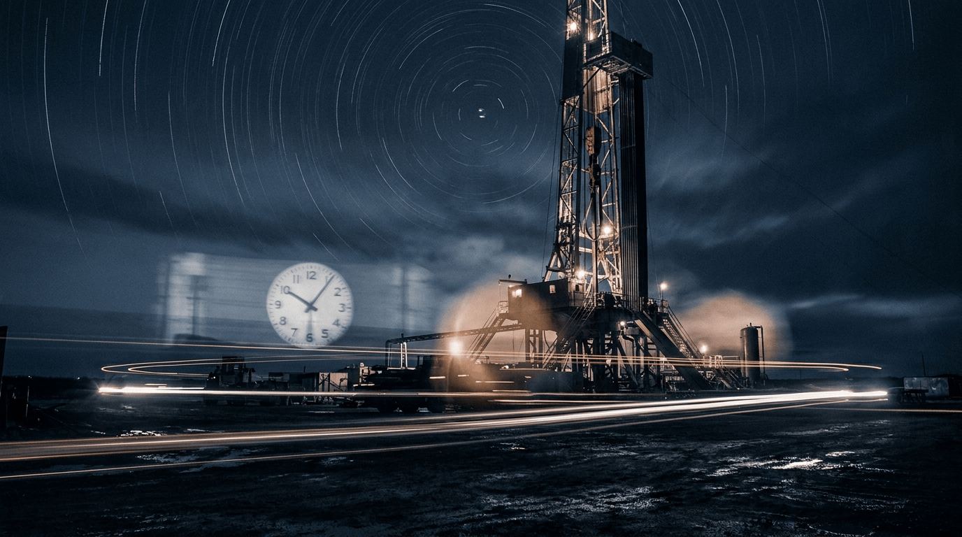 لقطة ليلية بتعريض طويل لمنصة حفر بمسارات ضوئية، تنقل معنى الوقت والكلفة المتراكمة للسعر اليومي.
