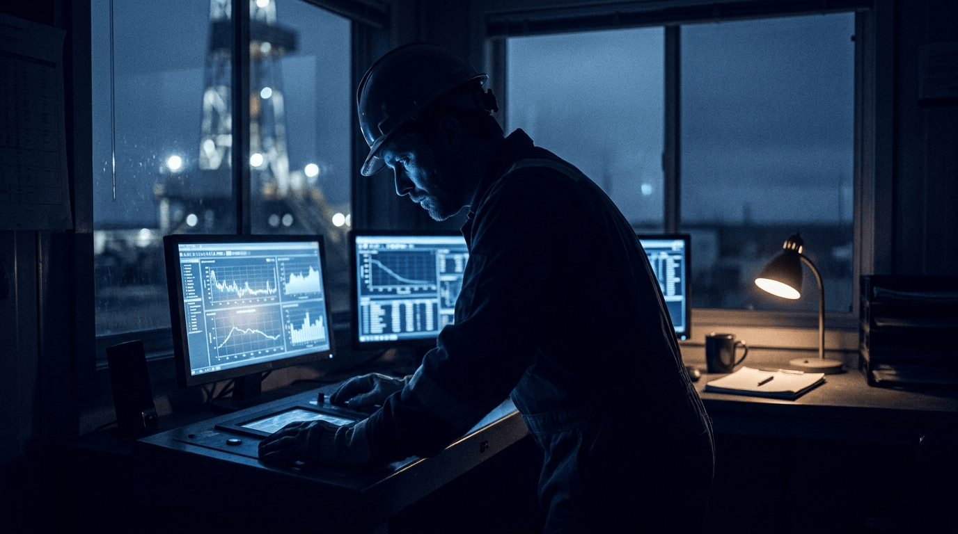 An engineer studying live operations data at night, a calm and in-control decision moment.