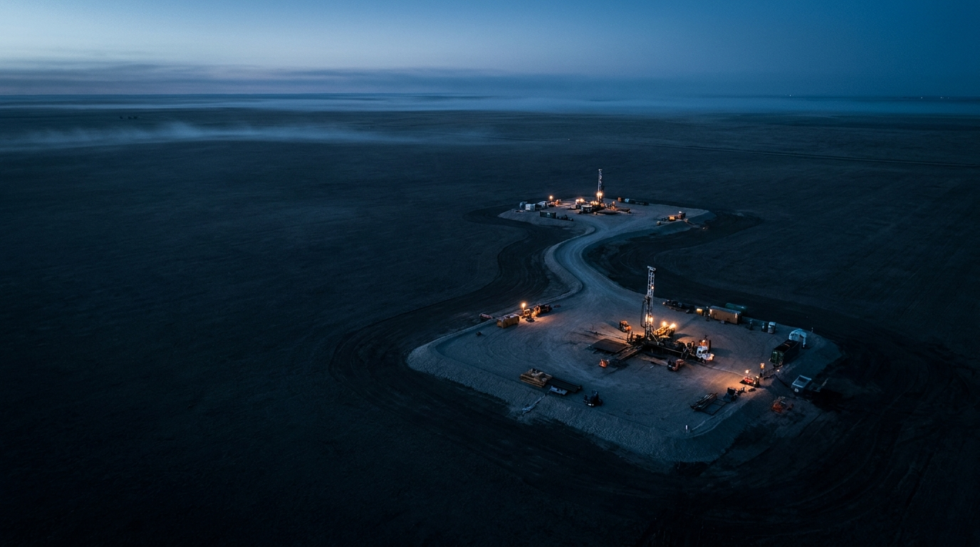 A multi-well drilling pad lit against the open plains at dusk — precise wellbore positioning