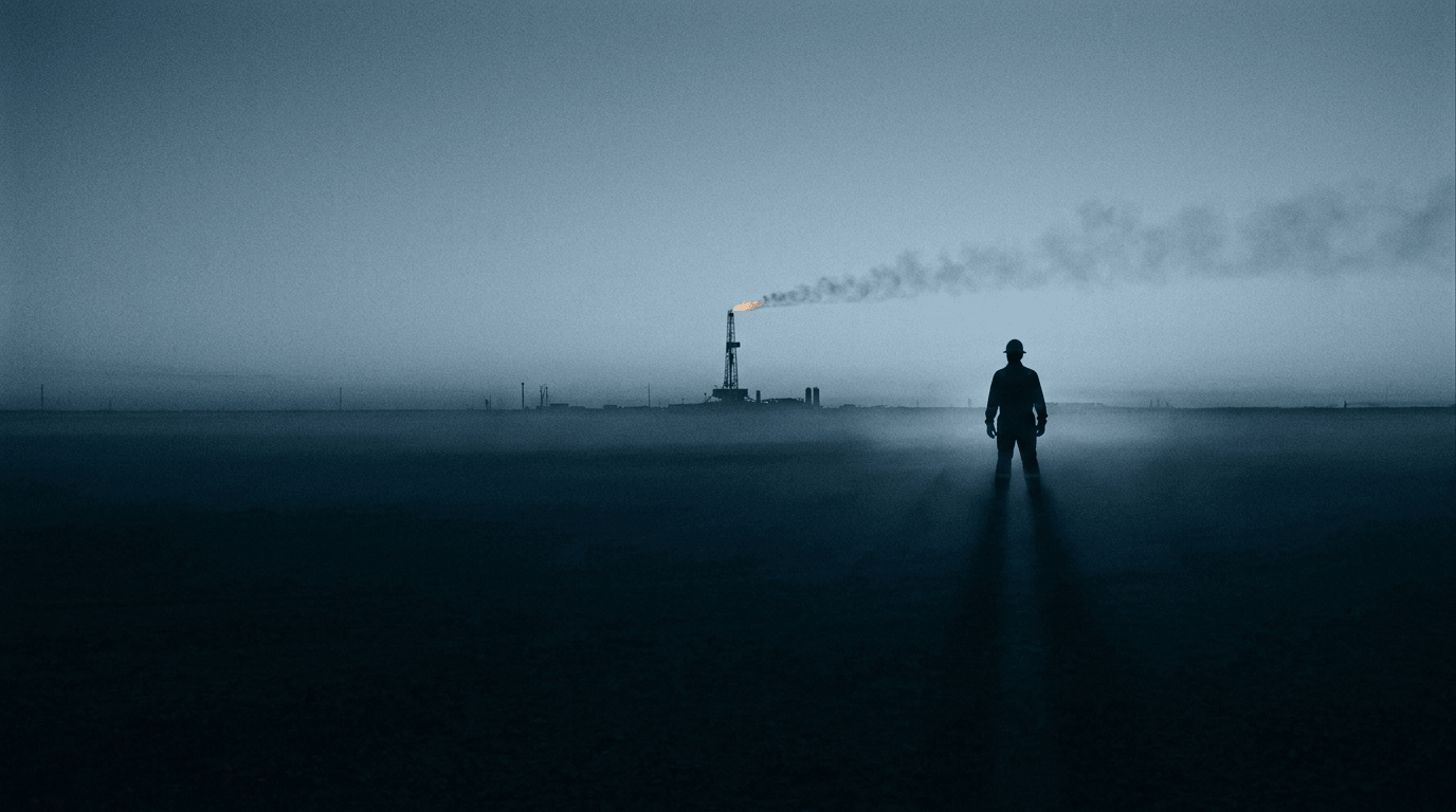 A lone worker facing a distant flaring well at dusk — time in the danger zone