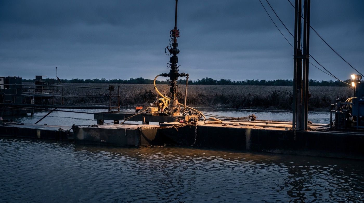 Un cabezal de pozo sobre una barcaza en un bayou de Luisiana al atardecer, con líneas de control montadas para una respuesta a reventón por control dinámico.